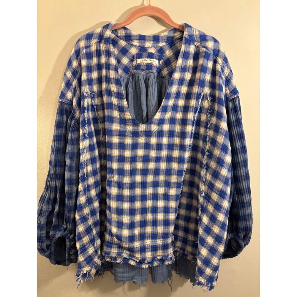We The Free People Solstice Blue Plaid Gauze Oversized Top M V Neck Boho